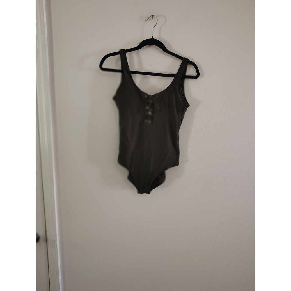 Mossimo Womens Olive Green Lace‎ Up Front Scoop Back One Piece Swimsuit Size S